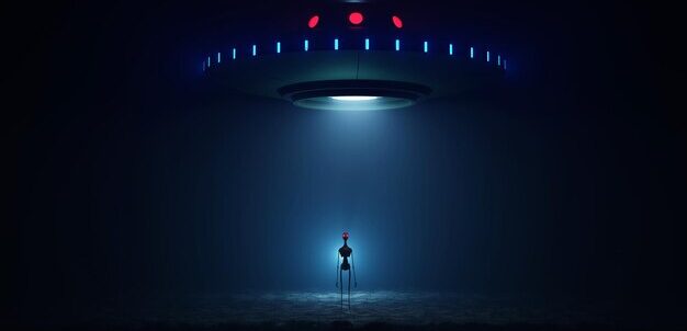 alien de pe debaixo de um disco voador na renderizacao 3d de fundo azul gradiente 79443 2847