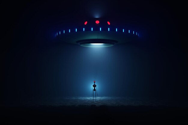 alien de pe debaixo de um disco voador na renderizacao 3d de fundo azul gradiente 79443 2847